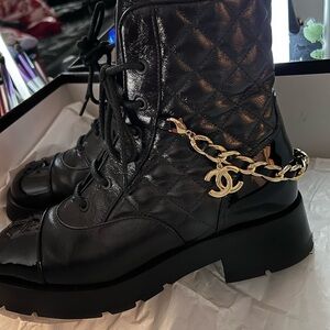 CHANEL Black Patent Leather Combat Boots with Gold Chains